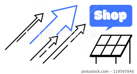 Blue and black arrows pointing upwards beside a Shop speech bubble and a solar panel. Ideal for renewable energy, retail growth, sustainability, green technology, and environmental awareness. Simple Blue and black arrows pointing upwards beside a Shop speech bubble and a solar panel. Ideal for renewable energy, retail growth, sustainability, green technology, and environmental awareness. Simple 119597848