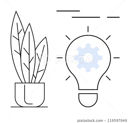 Potted plant next to a light bulb with a gear inside symbolizing growth innovation and creativity. Ideal for technology business development ideas environmental themes design concepts Potted plant next to a light bulb with a gear inside symbolizing growth innovation and creativity. Ideal for technology business development ideas environmental themes design concepts 119597849