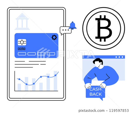 Mobile banking interface with chart, credit card and notification icon. Bitcoin symbol beside person receiving cashback. Ideal for fintech, digital payments, cryptocurrency, online transactions 119597853