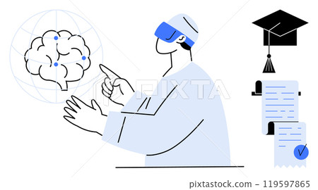 Person wearing VR headset points at a digital brain. Accompanied by a graduation cap and documents. Ideal for technology, education, neuroscience, innovation, and virtual learning themes. Minimalist 119597865