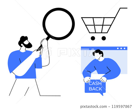 A person with a large magnifying glass, a shopping cart icon, and another person holding a cashback sign. Ideal for online shopping, e-commerce, search, customer satisfaction, and financial savings 119597867