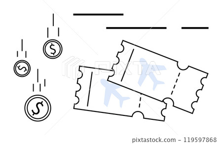 Two airplane tickets alongside falling coins with dollar signs suggest themes of travel expenses and budget planning. Ideal for finance, vacation planning, cost saving tips, adventure, global trips 119597868