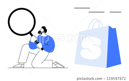 A man kneels holding a large magnifying glass while looking at a blue shopping bag with the letter S. Ideal for analysis, online shopping, consumer behavior, marketing strategies, and research 119597872