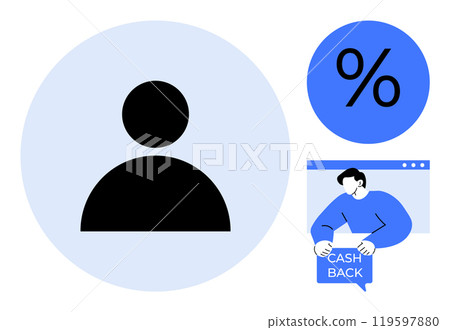 User profile in black in light blue circle, blue percent sign, and person holding cashback coupon by computer screen. Ideal for online shopping, customer rewards, ecommerce promotions, discount 119597880