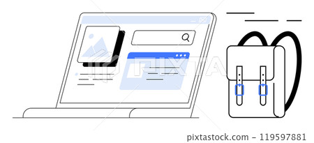 Laptop displaying a webpage and a backpack. Ideal for remote learning online education modern studies digital tools student life. Simple clean minimalistic style Laptop displaying a webpage and a backpack. Ideal for remote learning online education modern studies digital tools student life. Simple clean minimalistic style 119597881