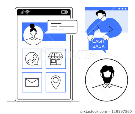 Smartphone screen with icons for phone email shop location and chat interactions. Ideal for customer support communication interfaces mobile applications online shopping and user engagement. Simple Smartphone screen with icons for phone email shop location and chat interactions. Ideal for customer support communication interfaces mobile applications online shopping and user engagement. Simple 119597890