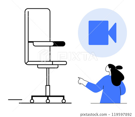 Woman in blue outfit pointing towards an office chair and a video conference icon in a circle. Ideal for remote work, video meetings, digital communication, home office setup, and online Woman in blue outfit pointing towards an office chair and a video conference icon in a circle. Ideal for remote work, video meetings, digital communication, home office setup, and online 119597892