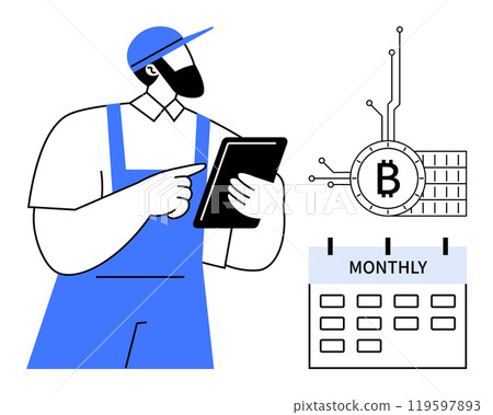 Worker in blue overalls and cap holding tablet pointing at Bitcoin network beside a monthly calendar. Ideal for cryptocurrency, technology, financial planning, blockchain, digital payments 119597893