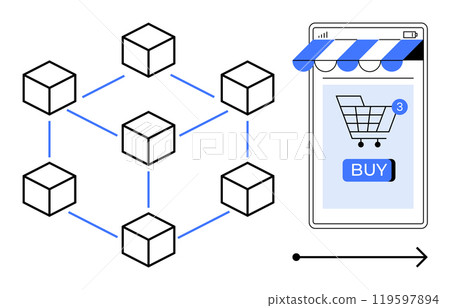 Schematic diagram showing blockchain nodes connected to an online shopping app with a shopping cart and buy button. Ideal for e-commerce, blockchain technology, fintech innovation, online transaction Schematic diagram showing blockchain nodes connected to an online shopping app with a shopping cart and buy button. Ideal for e-commerce, blockchain technology, fintech innovation, online transaction 119597894