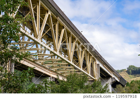 Looking up at the highway bridge 119597918
