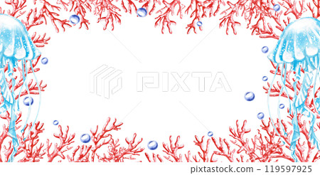 Rectangular frame with corals and jellyfish. Isolated illustration on the theme of the underwater world for textile design, holidays with a marine theme, printing, restaurants 119597925