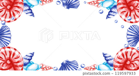 Rectangular frame with seashells. Isolated illustration on the theme of the underwater world for textile design, holidays with a marine theme, printing, restaurants 119597933