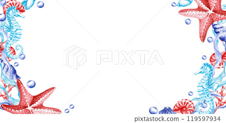 Rectangular frame with seahorses, seaweed, starfish. Isolated illustration on the theme of the underwater world for textile design, holidays with a marine theme, printing, restaurants 119597934