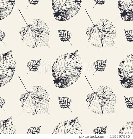 Seamless pattern with monochrome tree leaves stamps 119597980