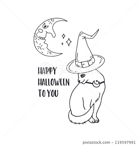 Card or poster with cute black and white Halloween witchy black cat and moon Card or poster with cute black and white Halloween witchy black cat and moon 119597991