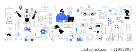 Deep learning, neural networks, natural language processing. AI neural networks, natural language, autonomous cars, chatbots data visualization. Topics of AI, machine learning, robotics, big data, NLP Deep learning, neural networks, natural language processing. AI neural networks, natural language, autonomous cars, chatbots data visualization. Topics of AI, machine learning, robotics, big data, NLP 119598054