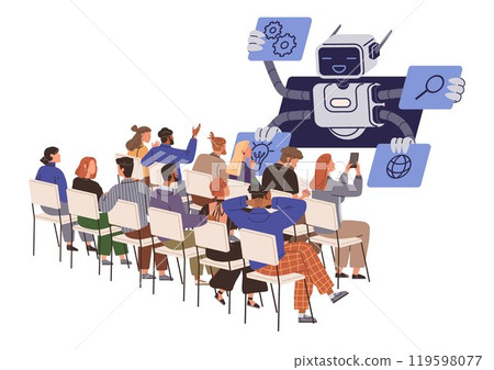 An AI robot standing at the front of a seated audience in a classroom setup presents information on gear icons, search, and globe. Ideal for technology education AI future innovation learning 119598077