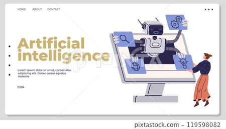 A futuristic robot with multiple arms interacts with a user on a computer screen, holding symbols representing settings, communication, and technology. Ideal for technology, artificial intelligence 119598082