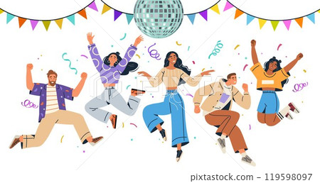 Group of happy people dancing under a disco ball with colorful bunting and confetti. Ideal for celebration, party, youth culture, fun gatherings, joyous occasions. Modern vector art style Group of happy people dancing under a disco ball with colorful bunting and confetti. Ideal for celebration, party, youth culture, fun gatherings, joyous occasions. Modern vector art style 119598097