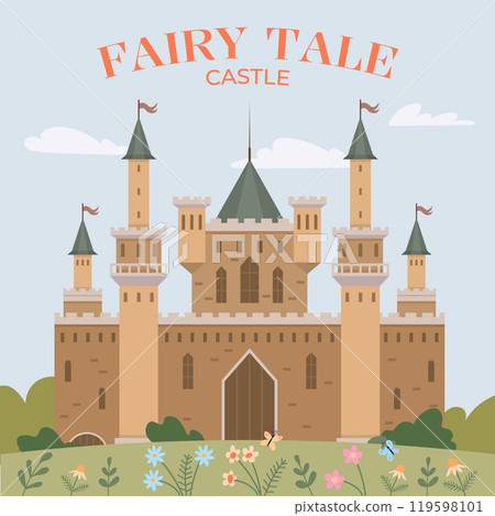 A majestic castle with tall towers surrounded by clouds and green hills. Colorful flowers bloom in the foreground. Ideal for childrens books, fantasy stories, adventure themes, magical fairy tales A majestic castle with tall towers surrounded by clouds and green hills. Colorful flowers bloom in the foreground. Ideal for childrens books, fantasy stories, adventure themes, magical fairy tales 119598101