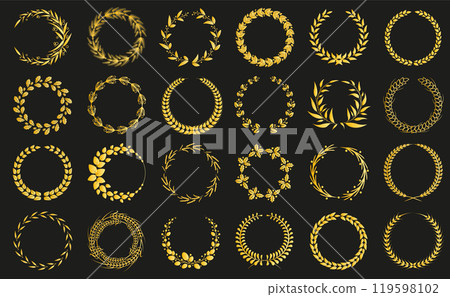 Collection of golden laurel wreaths in different styles on a black background. Ideal for design, decoration, victory themes, academic achievement, and classic embellishment. Vector art, detailed and Collection of golden laurel wreaths in different styles on a black background. Ideal for design, decoration, victory themes, academic achievement, and classic embellishment. Vector art, detailed and 119598102
