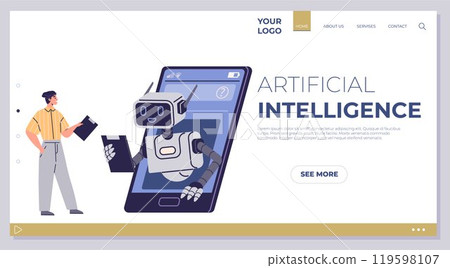 A man holds a clipboard while interacting with a friendly robot coming out of a smartphone. Ideal for technology, artificial intelligence, innovation, futuristic concepts, and digital advancements 119598107