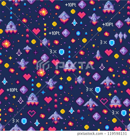A vintage pixel art design with spaceships, hearts, stars, and various game elements such as points and shields on a dark background. Ideal for game design, digital art, retro themes, sci-fi decor 119598131