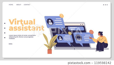A person interacting with a large laptop screen displaying various chat bubbles and notifications. Ideal for business automation, technology, productivity, remote work, and customer service 119598142