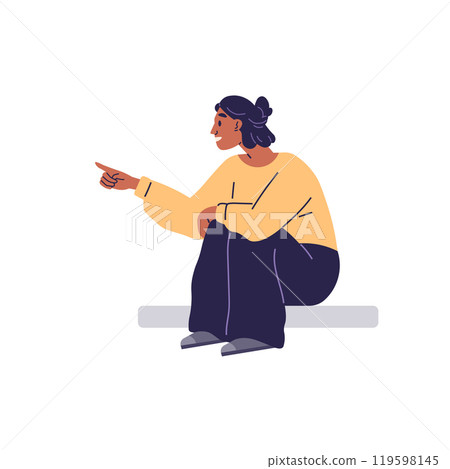Person sitting on a bench pointing to the side. Wearing casual clothes in a relaxed pose, they are illustrating direction or explaining something. Ideal for communication guidance teaching casual Person sitting on a bench pointing to the side. Wearing casual clothes in a relaxed pose, they are illustrating direction or explaining something. Ideal for communication guidance teaching casual 119598145