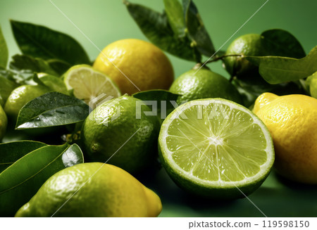 Fresh lemons and limes with leaves on green background 119598150
