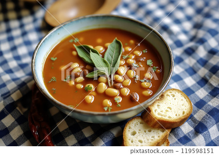 Bowl of bean soup with fresh herbs and bread slices on checkered tablecloth 119598151