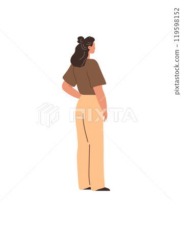 A woman with long brown hair is seen from the back wearing a brown shirt and beige pants. Ideal for fashion design, lifestyle, female empowerment, casual wear promotion, minimalism. Simple modern A woman with long brown hair is seen from the back wearing a brown shirt and beige pants. Ideal for fashion design, lifestyle, female empowerment, casual wear promotion, minimalism. Simple modern 119598152