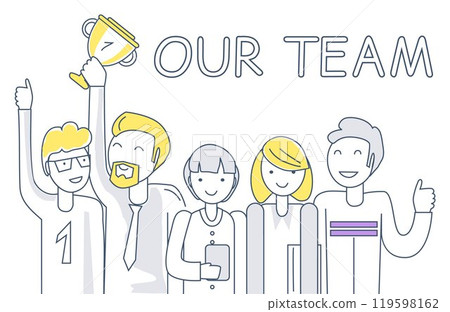Illustration of a happy team of five people holding a trophy with the text Our Team above in gray, yellow, and purple colors. For teamwork, collaboration, success, achievement, and company culture. Illustration of a happy team of five people holding a trophy with the text Our Team above in gray, yellow, and purple colors. For teamwork, collaboration, success, achievement, and company culture. 119598162