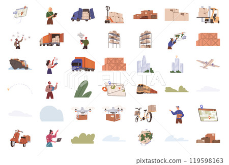 Logistic, delivery and warehouse isolated icon. Set of transport, mark on map, way, cargo, container, tracking package, warehouse robot, forklift truck, port crane, boxes, transportation vector icon 119598163
