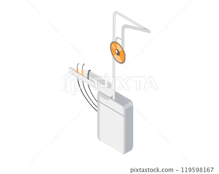 Detailed dental chair with overhead light, instrument panel, and wires. Ideal for medical services, dental care, health industry, dental technology, and clinic equipment. Clean, modern, minimal style Detailed dental chair with overhead light, instrument panel, and wires. Ideal for medical services, dental care, health industry, dental technology, and clinic equipment. Clean, modern, minimal style 119598167