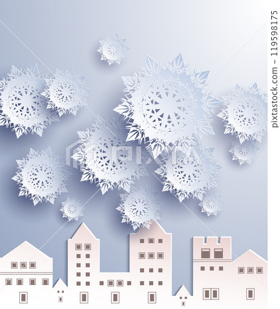 Snowflakes of various sizes float above a quaint village with houses and buildings in soft, muted tones. Ideal for winter themes, holiday greetings, seasonal decorations, festive cards, and winter 119598175