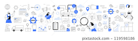 Logistics optimization, inventory management, demand forecasting. Logistics topics like supply chain optimization, demand forecasting, WMS, automation. Logistics automation warehouse management system 119598186