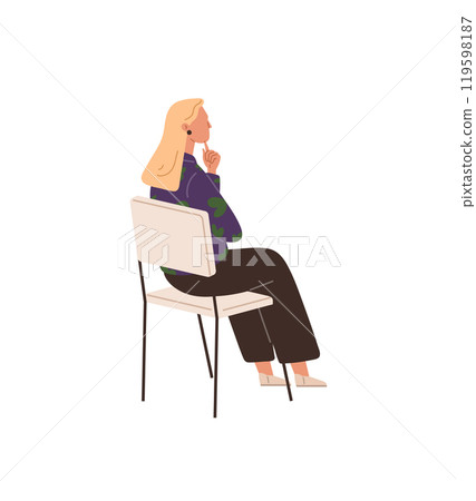 A blonde woman sitting on a chair with her chin resting on her hand in a thoughtful pose. Ideal for themes such as contemplation, relaxation, introspection, mindfulness, and waiting. Minimalist flat A blonde woman sitting on a chair with her chin resting on her hand in a thoughtful pose. Ideal for themes such as contemplation, relaxation, introspection, mindfulness, and waiting. Minimalist flat 119598187