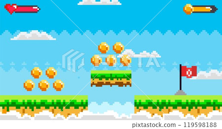 Vivid pixel art scene with hearts, coins, and platforms against a clear blue sky with clouds. Ideal for retro gaming, platform games, video game development, arcade-style graphics, mobile game 119598188