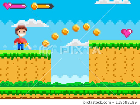 A young male character stands on a grassy platform, collecting floating coins and aiming for a heart. Blue sky and clouds in the background with pixelated design. Ideal for video games, retro style 119598189