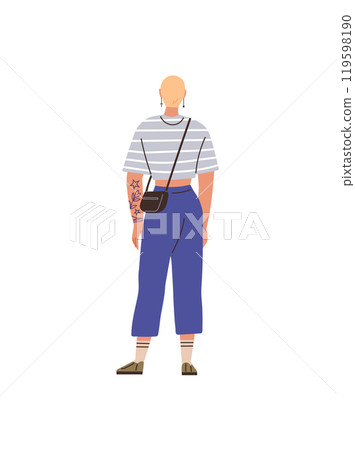 Bald person seen from the back, wearing a striped shirt, blue pants, and carrying a small crossbody bag. Visible tattoos on one arm. Ideal for fashion, street style, individuality, self-expression 119598190