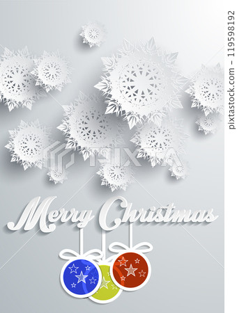 Delicate white paper-cut snowflakes hover above colorful hanging ornaments and Merry Christmas text in elegant font. Ideal for holiday wishes, winter celebrations, Christmas themes, greeting cards 119598192