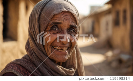 Elderly woman with a grim smile wearing simple attire, captured in a narrow street of an Arab village during the day 119598214