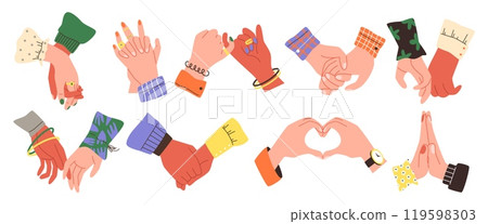 Couple in love hold hands, hand shake, touch palms, heart shape gesture vector icon set, romantic symbol, unity sympathy Couple in love hold hands, hand shake, touch palms, heart shape gesture vector icon set, romantic symbol, unity sympathy 119598303