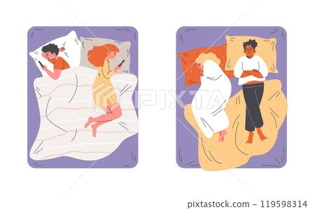 Vector collection of a man and a woman facing conflict in a relationship in bedroom Vector collection of a man and a woman facing conflict in a relationship in bedroom 119598314