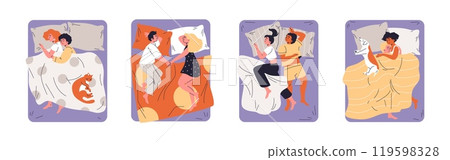 Young heterosexual and homosexual couples hugging lying on bed with pet, relationship in love and conflict vector set Young heterosexual and homosexual couples hugging lying on bed with pet, relationship in love and conflict vector set 119598328