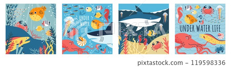 Vector illustrations with a shark, jellyfish, moray eels, crabs, exotic fish and many others 119598336