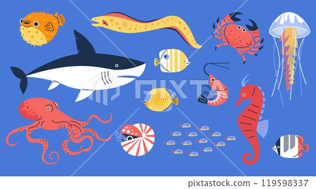 Ocean or sea fauna, marine wildlife, underwater animals, cartoon octopus, seahorse, jellyfish, shark fishes vector set 119598337