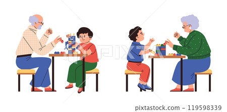 Happy grandparents and boy play with lego construction blocks, vector cartoon family have fun build pyramid tower, robot 119598339