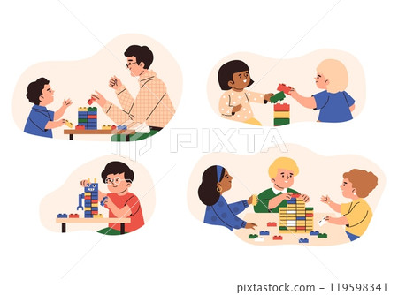 A set of vector illustrations depicting children assembling Lego bricks. A set of vector illustrations depicting children assembling Lego bricks. 119598341